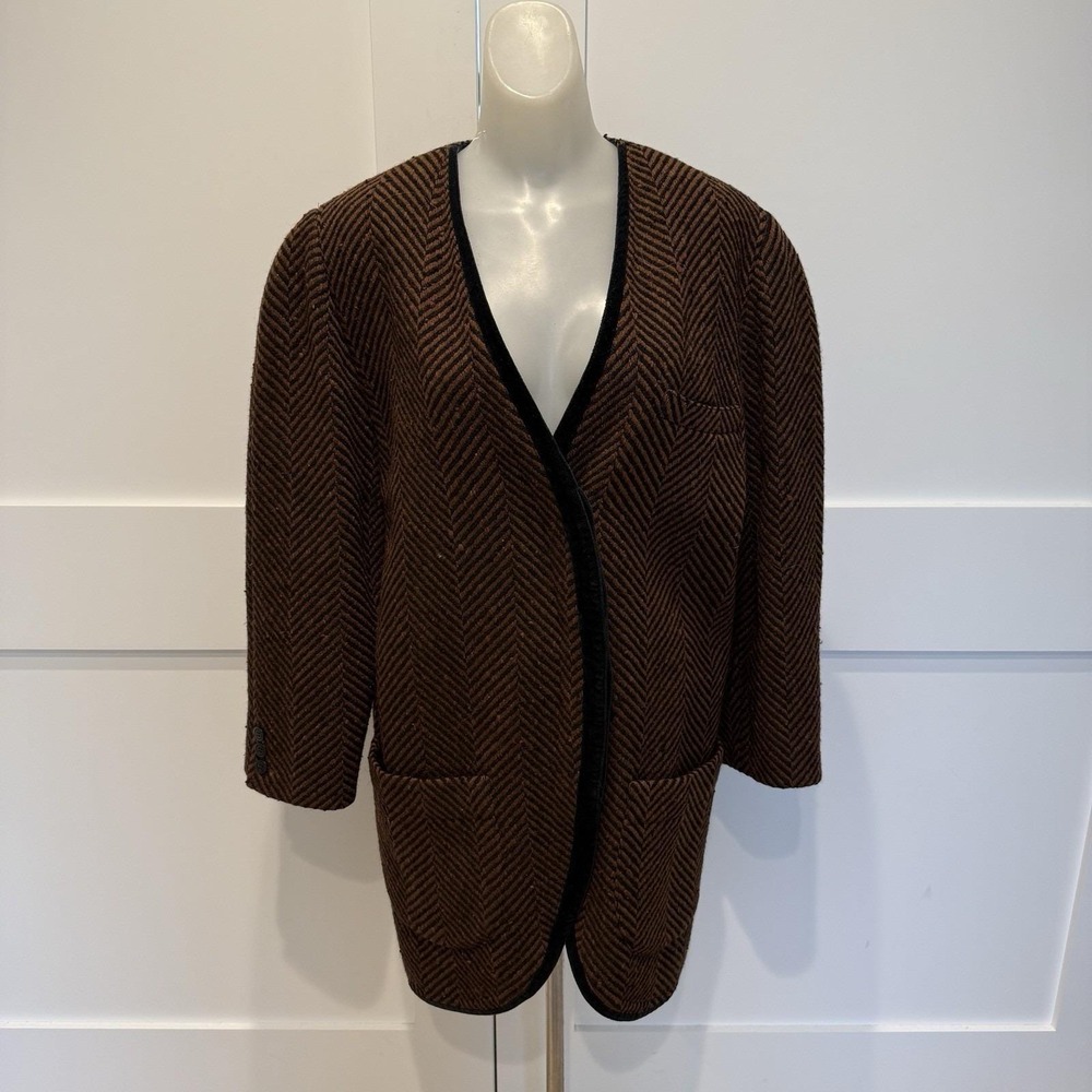Vintage Krizia Jacket/Blazer Oversized 80's Brown And‎ Black Herringbone Sz 42
